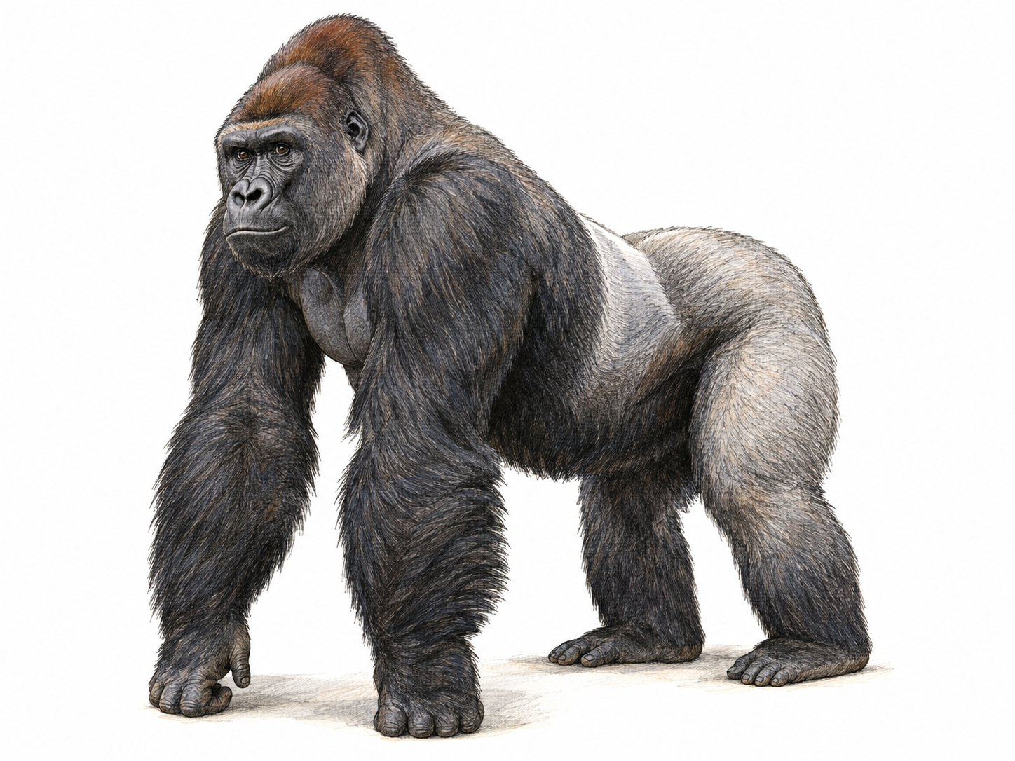 A single adult gorilla in a three-quarter side view, knuckle-supported with its entire body and naturally tailless rump clearly visible.