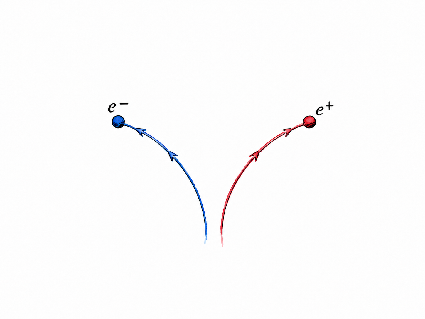 A careful scientific editorial sketch of an electron and its positron counterpart as two equal-size tiny particle markers at the ends of paired opposite-curving tracks in a magnetic-field sketch.