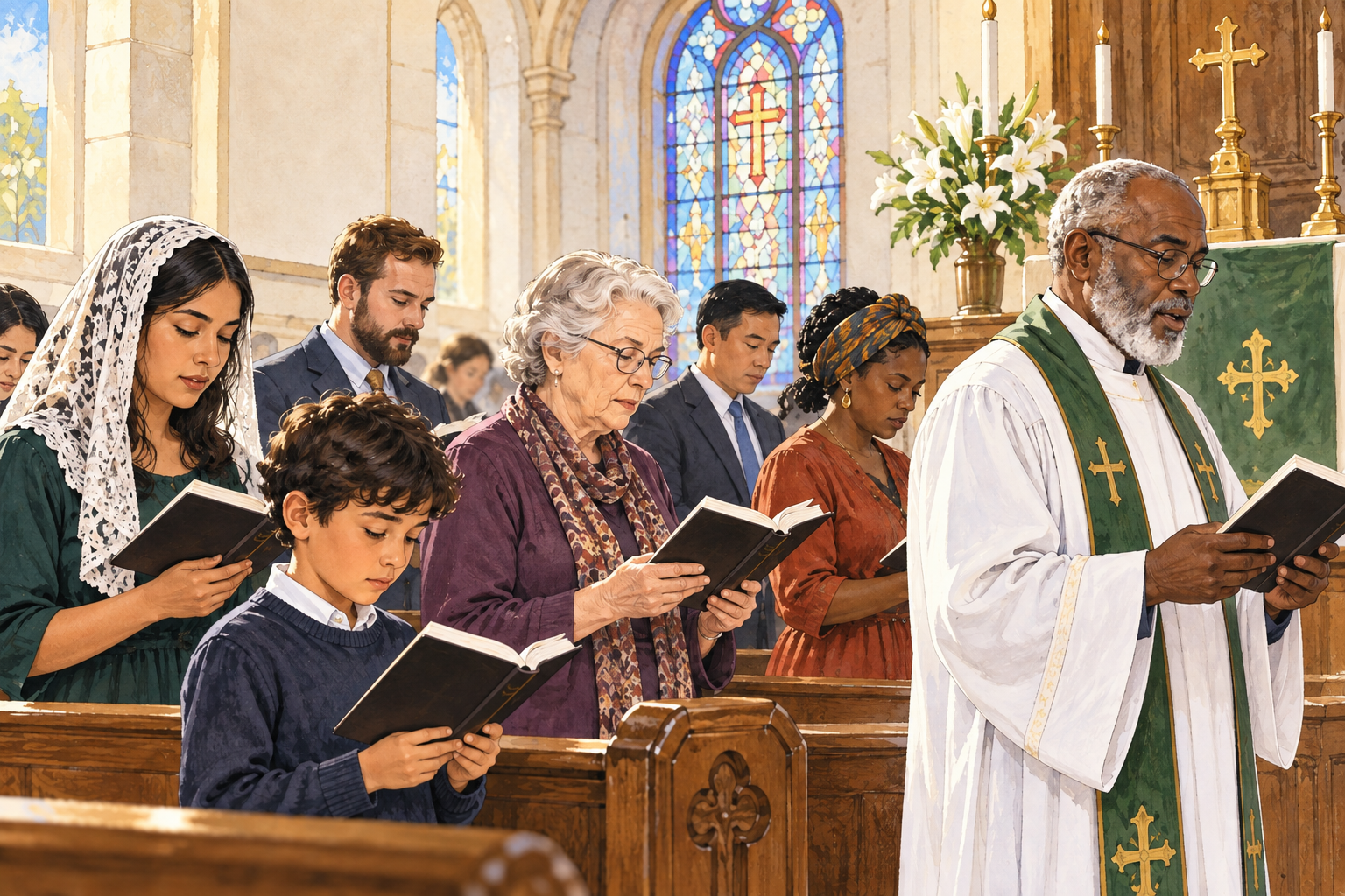 A religious congregation follows an established shared ritual with traditional prayer books, respectful depiction.