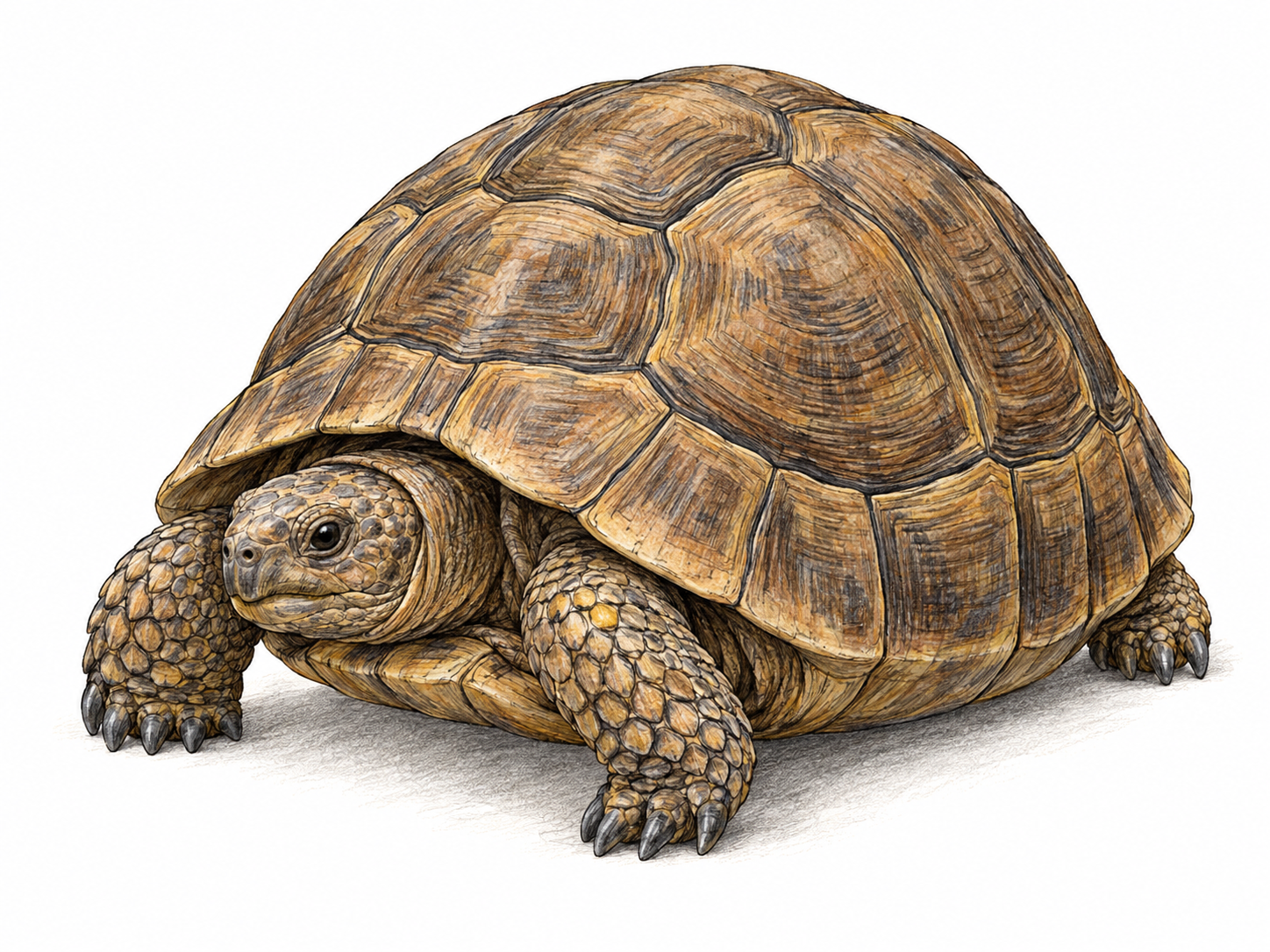 A single tortoise seen from a slightly elevated three-quarter angle, with its large domed, scute-covered shell dominant and its head and legs partly withdrawn beneath the protective rim.