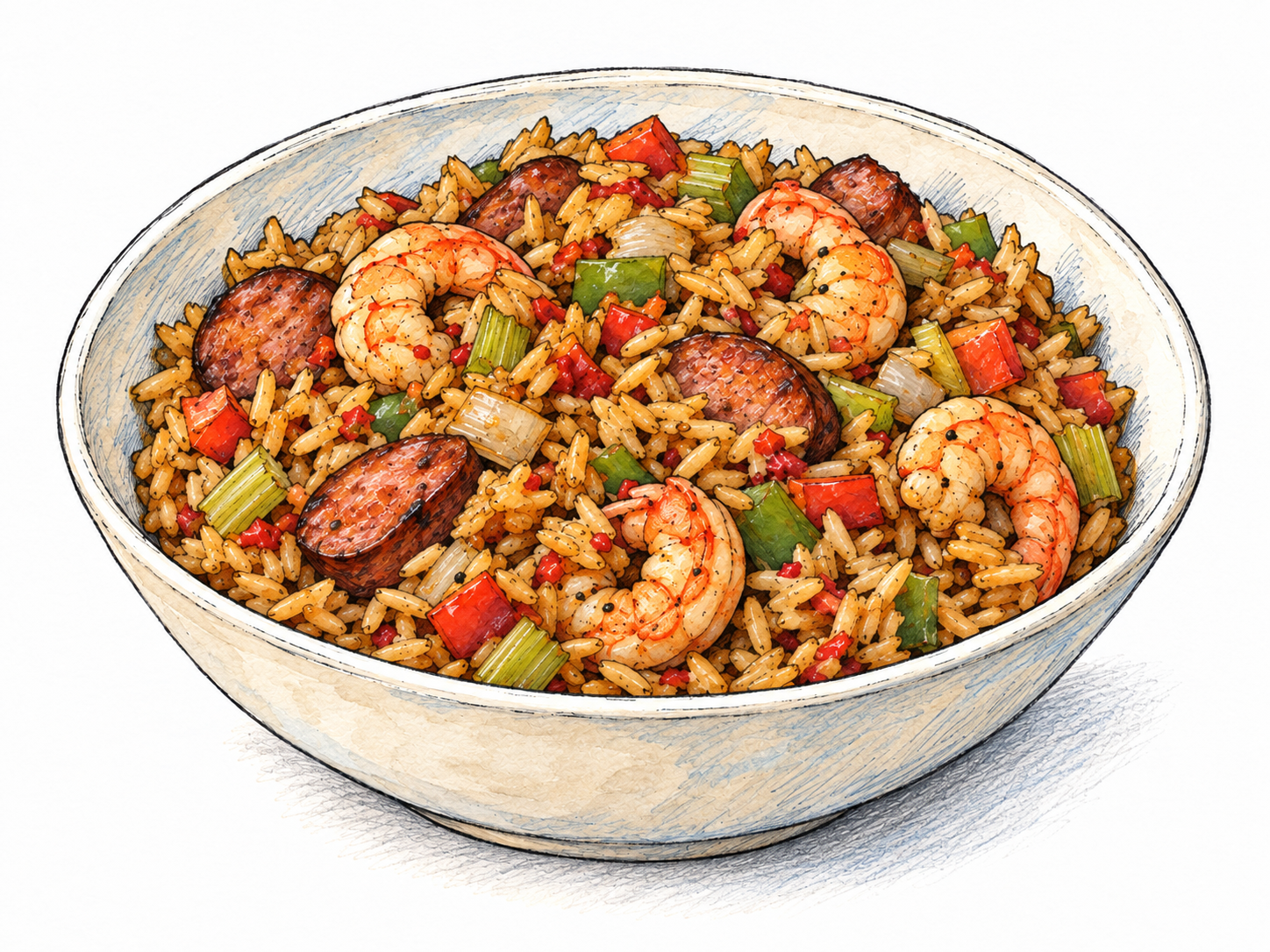 A shallow bowl of Louisiana jambalaya, with seasoned rice, shrimp, sliced sausage, and diced vegetables visibly cooked together, isolated on white.