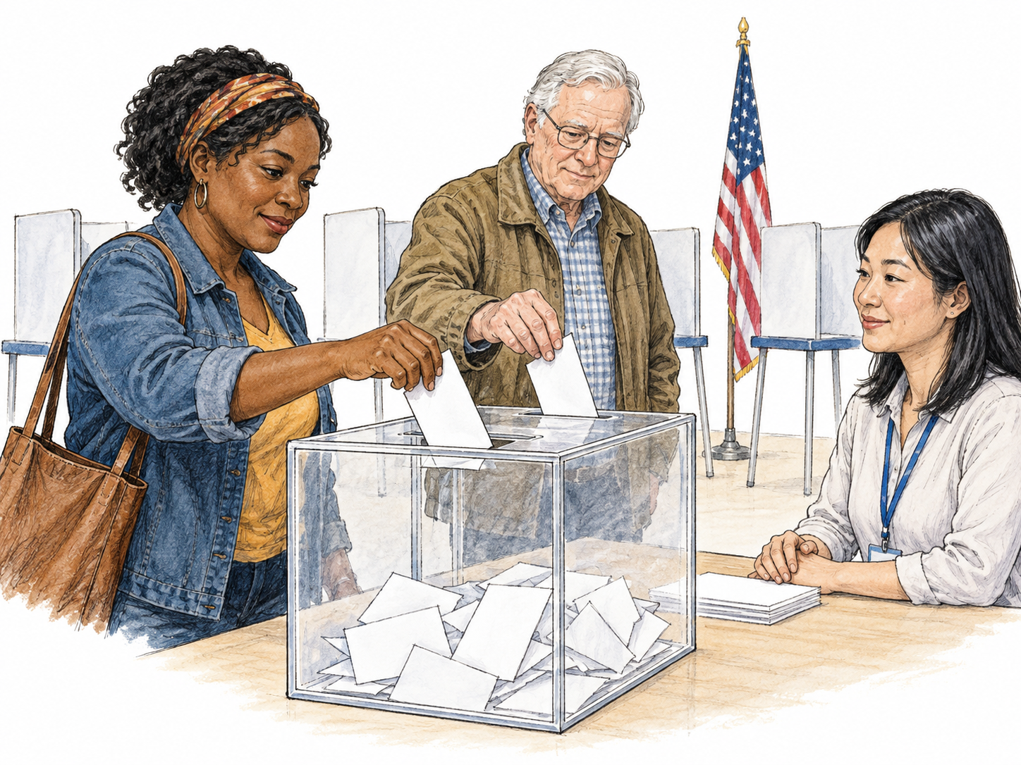 Modern citizens cast folded ballots into transparent ballot box in civic voting setting, no candidate names or party symbols; paper ballots show no writing.