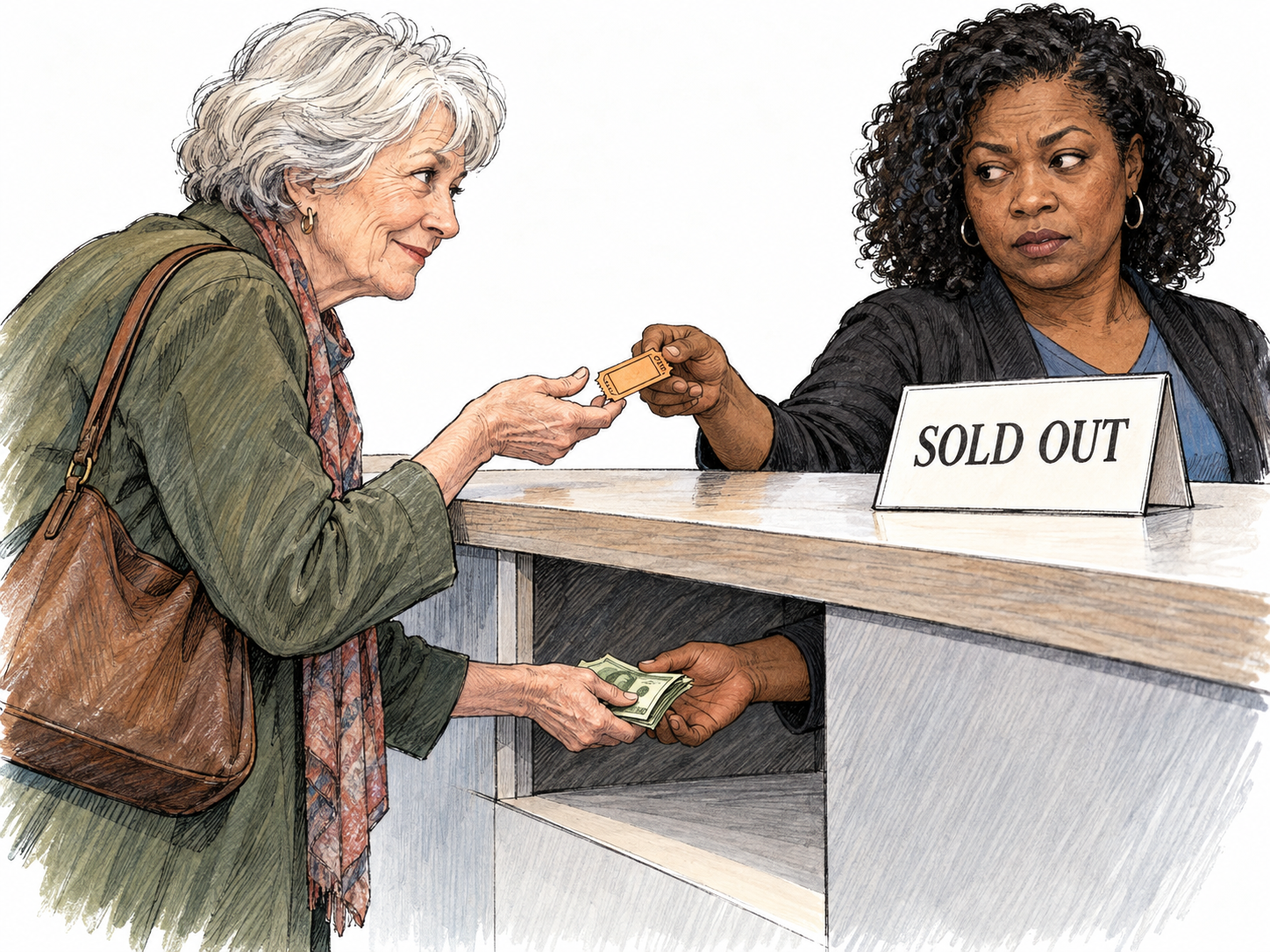 At a sold-out event's ticket counter, a customer finagles admission by discreetly passing cash beneath the counter's side opening while the attendant slips her a ticket above it.