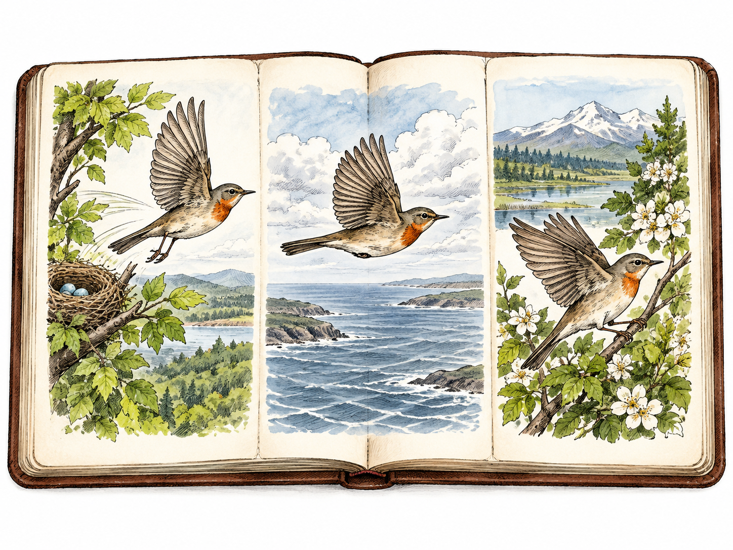 Open illustrated journal showing connected departure, voyage and arrival scenes in order.