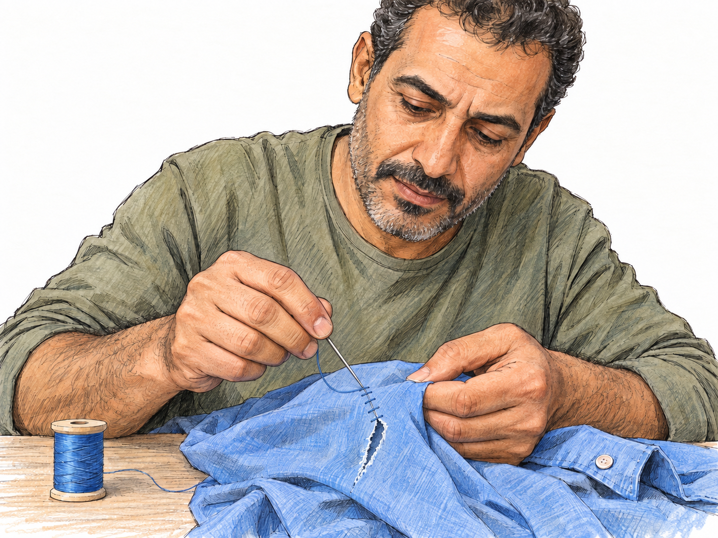 A man hand-sews a tear in a cotton shirt, with the threaded needle, partially closed tear, and fresh stitches clearly visible.