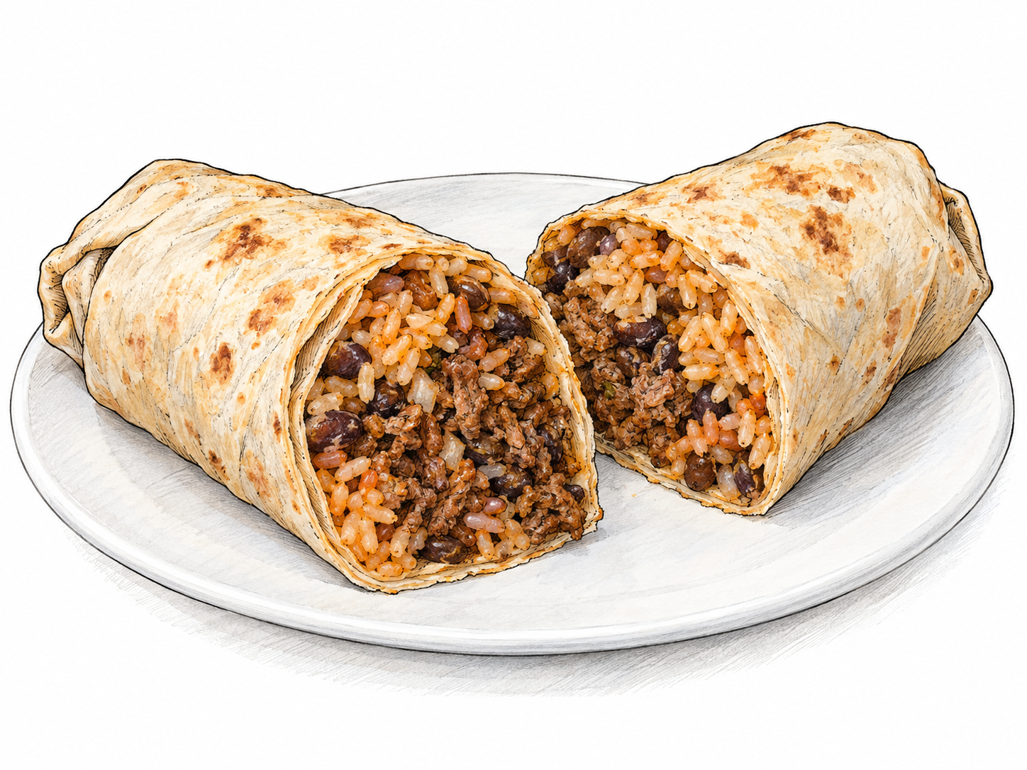 A flour-tortilla burrito cut diagonally into two substantial halves on a plain plate, with one cut face turned toward the viewer to reveal beans, rice, and cooked meat enclosed by the wrapped tortilla.
