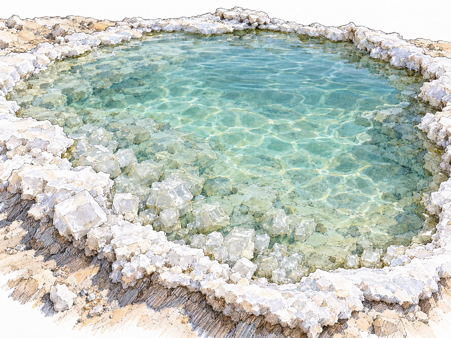 A shallow pool of salty water with a thick white salt crust around its edge and visible cubic salt crystals where the water meets the exposed rim.