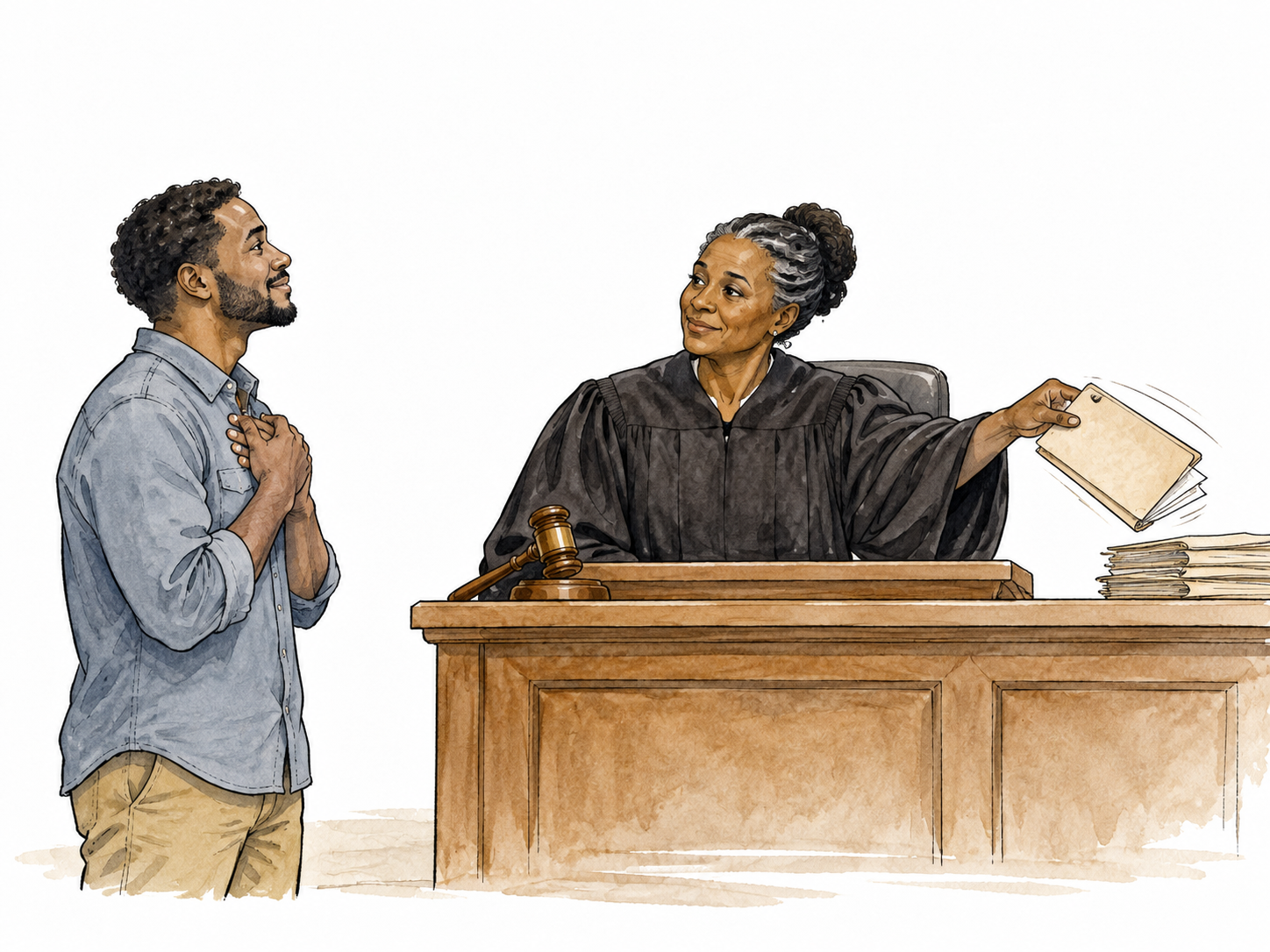 A Black judge calmly releases a wrongly blamed person's file while that person stands relieved, no readable markings.