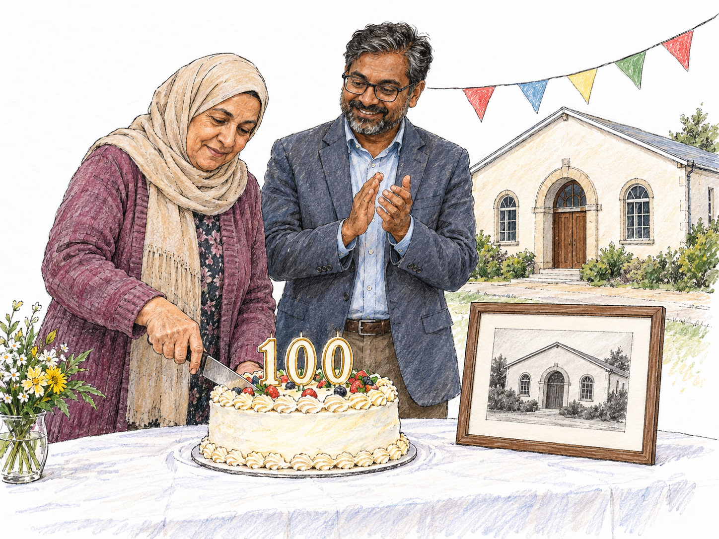 An older woman and a middle-aged man celebrate a community hall’s hundredth anniversary beside a cake bearing the numeral 100 and a framed archival drawing of the same hall visible behind them.