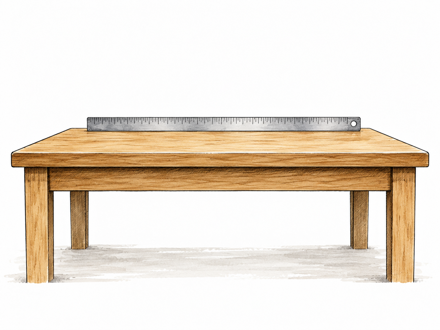 A perfectly flat tabletop shown in clear side perspective beside a straightedge.