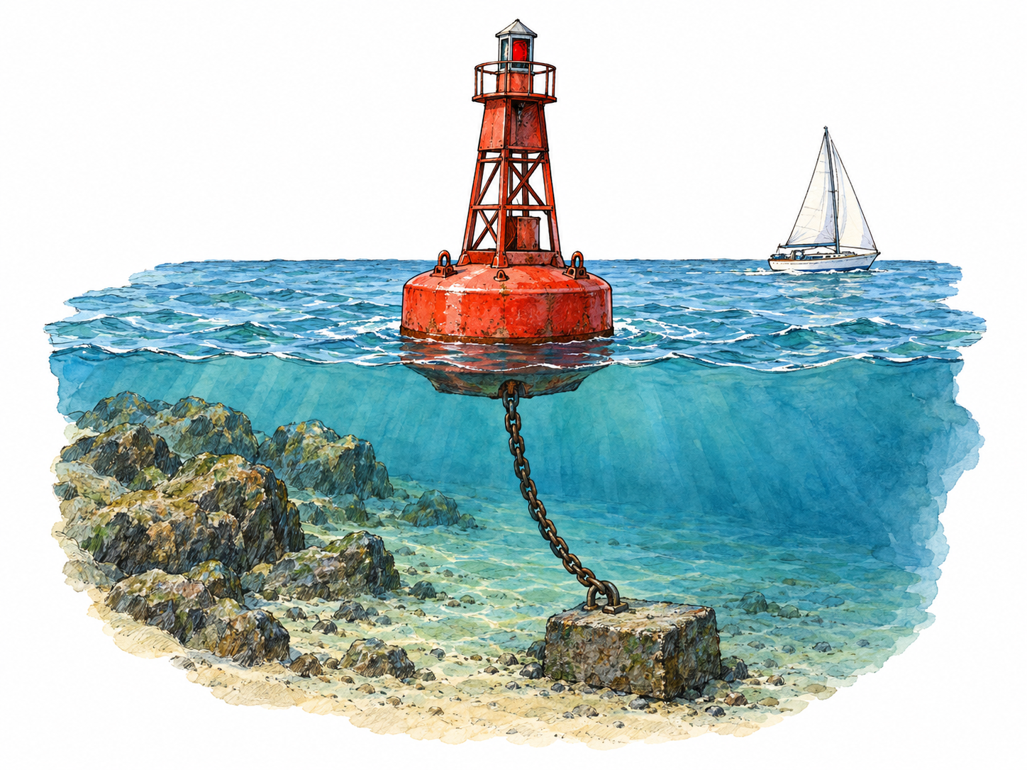 A red navigation buoy floats upright beside a submerged rocky shoal, with its mooring chain visibly descending to a seabed anchor block.