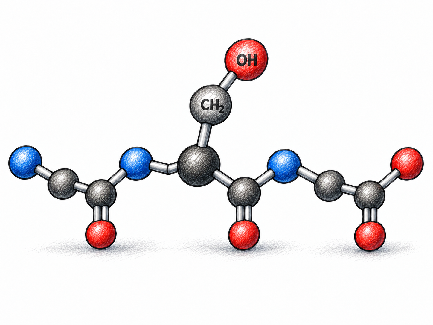 One chemically complete glycine–serine–glycine molecular model, with the central serine residue visually emphasized, showing the specific amino acid incorporated into a peptide rather than comparing two crowded models.