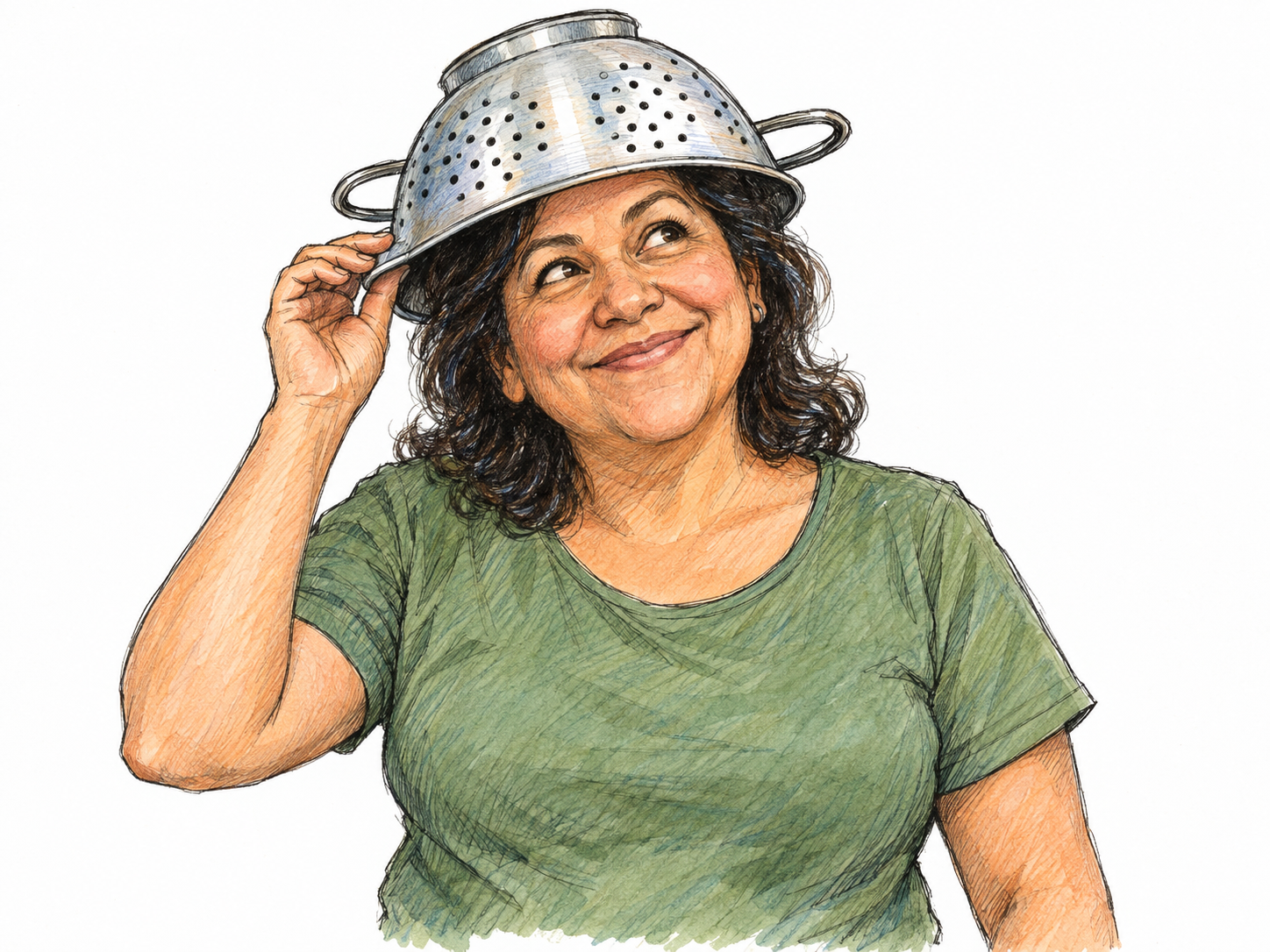 A middle-aged Latino woman playfully wears an upside-down kitchen colander as a hat, grinning at her own harmless silliness.
