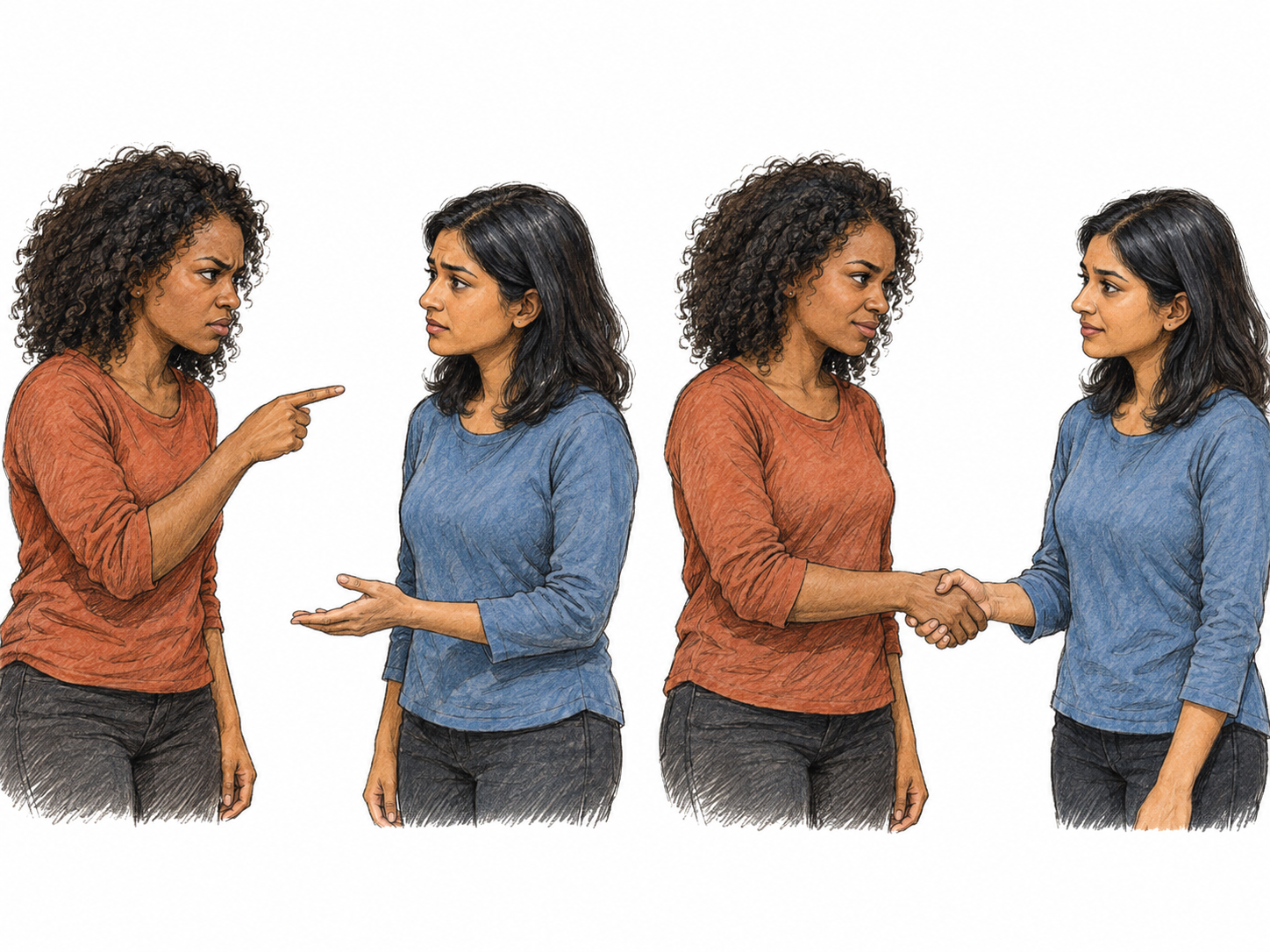 A text-free two-moment scene shows a calm woman mollifying an angry woman: a tense confrontation softens into relaxed posture and a tentative handshake.