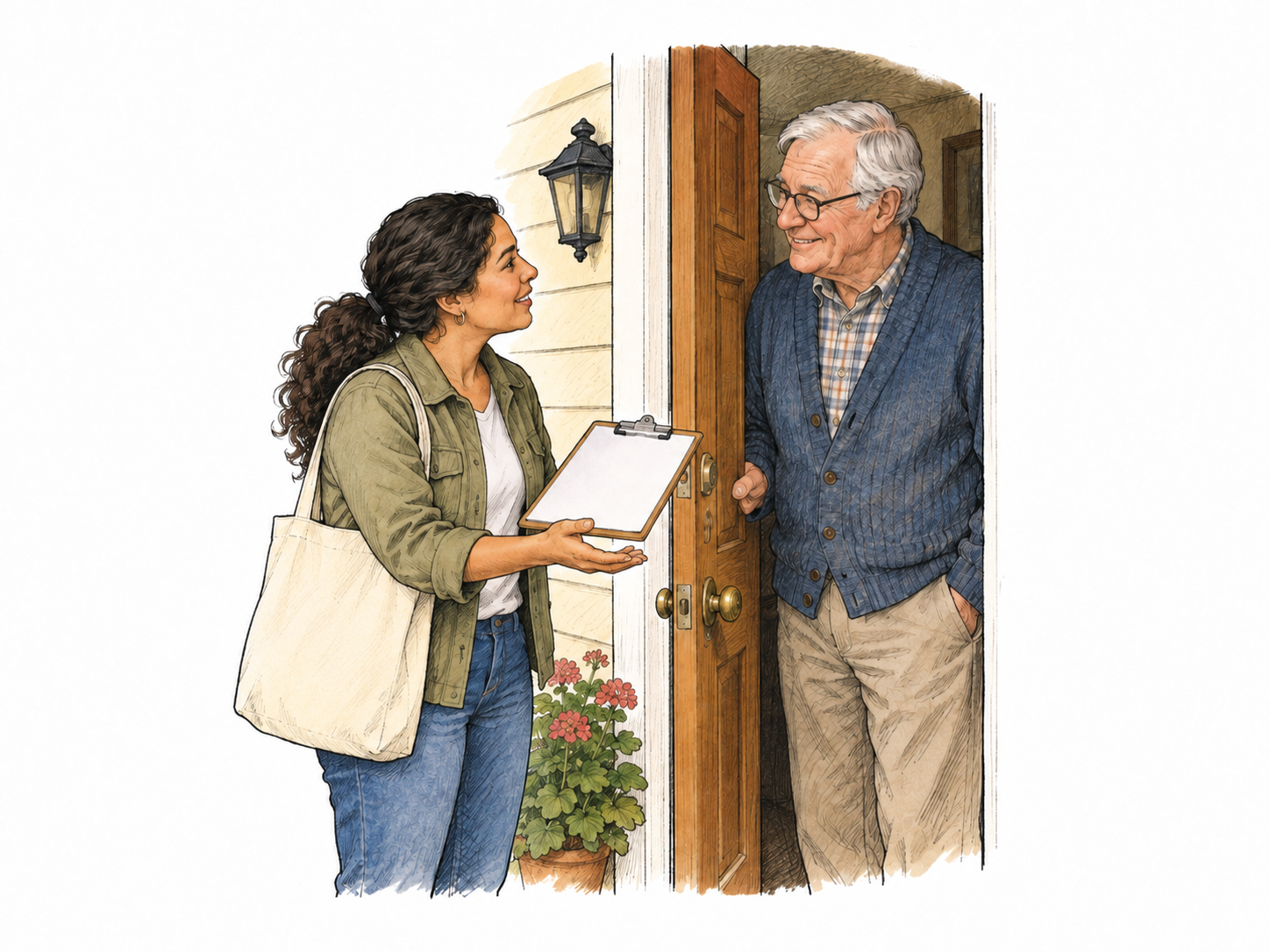 Volunteer at open front door asks resident to join a community activity, offering blank sign-up clipboard and inviting open-hand gesture.