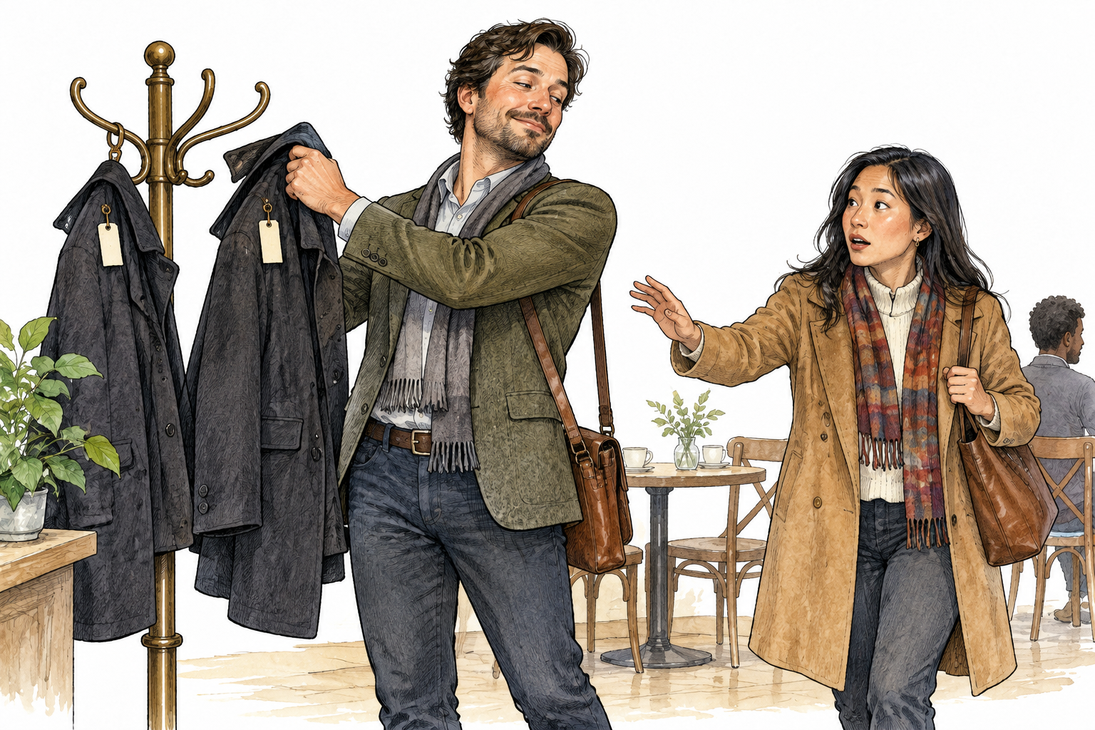 An adult confidently takes a similar coat without checking its tag while the actual owner looks surprised; belief accepted without proof.