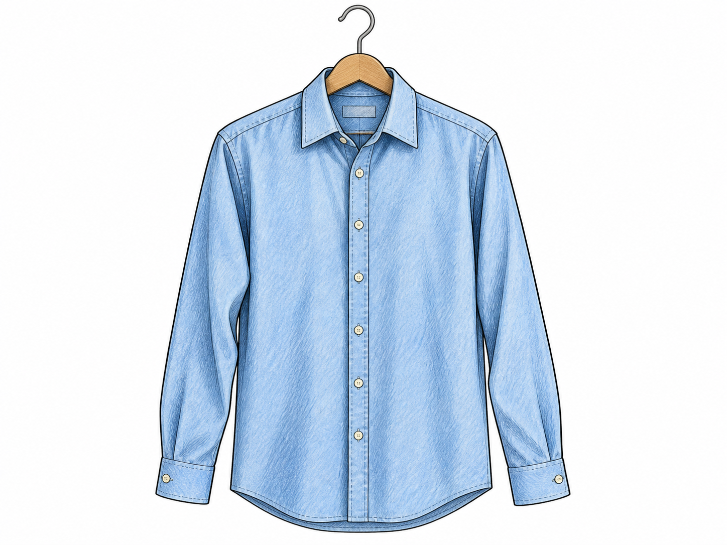 A plain long-sleeved button-front shirt hangs naturally on a simple hanger, showing collar, sleeves and body.