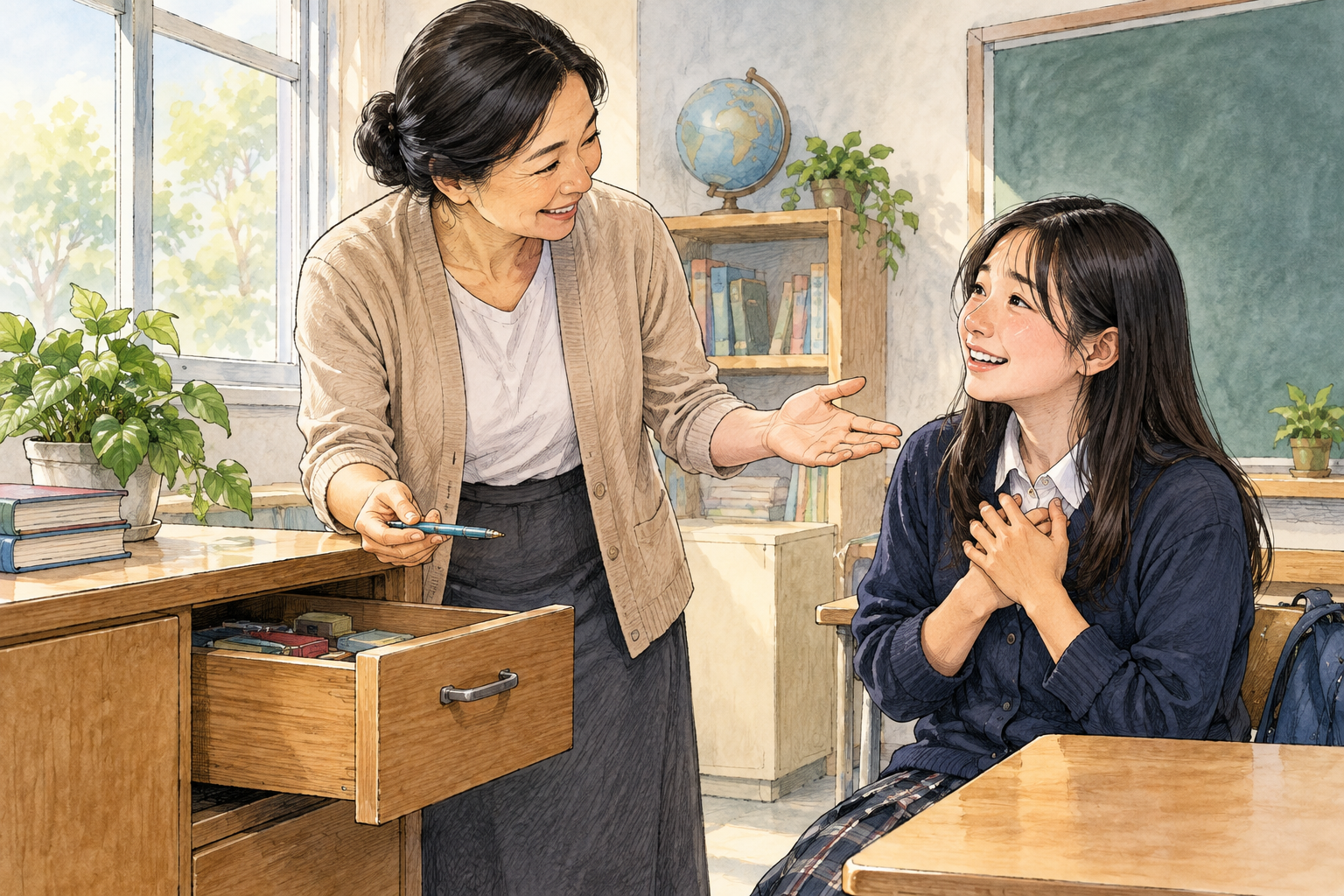 A falsely accused student is cleared when a teacher finds the missing object in another drawer, teacher reassuringly gestures to the relieved student.