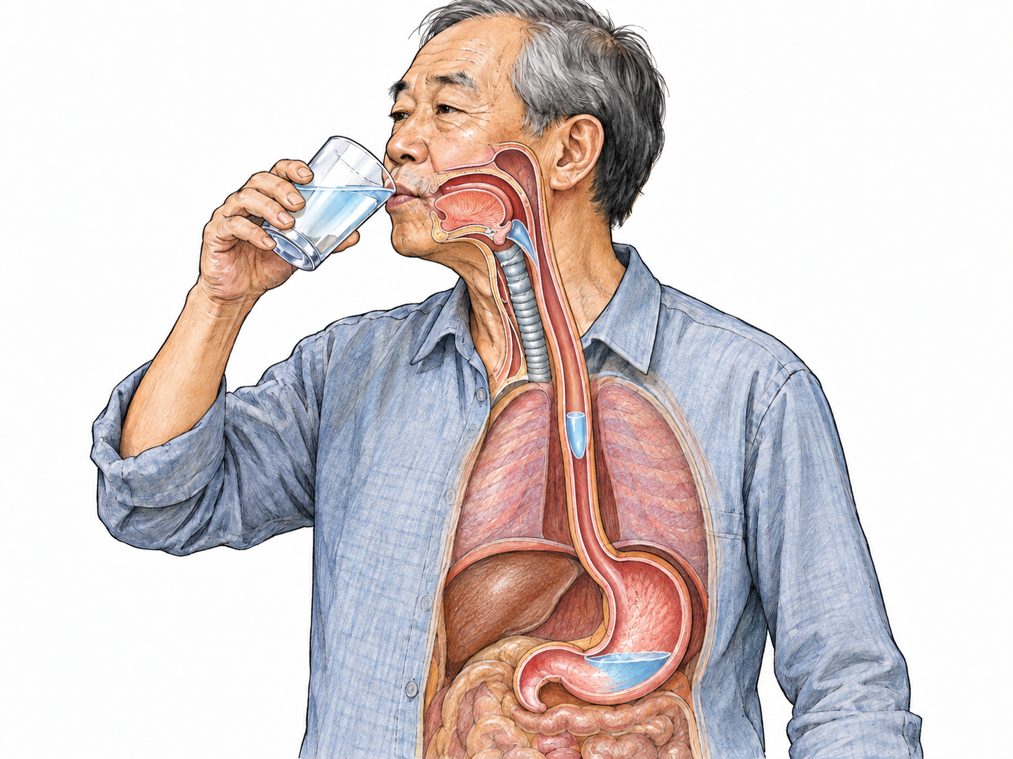 An older man swallowing water, with a restrained anatomical cutaway showing liquid passing down his esophagus toward his stomach.