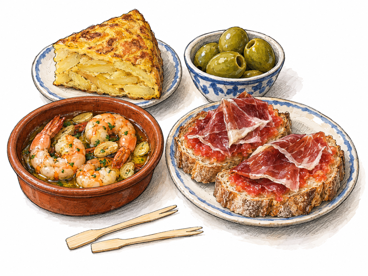 A compact spread of recognizable Spanish tapas in small dishes: a wedge of tortilla española, garlic shrimp, olives, and slices of bread topped with tomato and jamón.