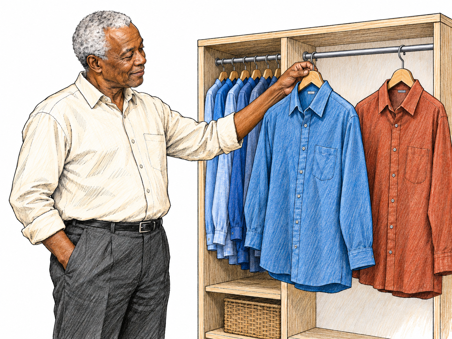 An older man choosing another blue shirt beside his open wardrobe of mostly blue shirts, making a recurring color preference visible rather than depicting a physical lean.