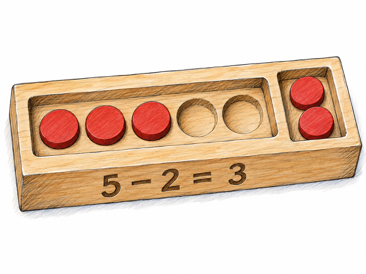 A small wooden subtraction teaching tray shows five counters less two: three remain in the main recess, while two have been moved into a separate removal recess.