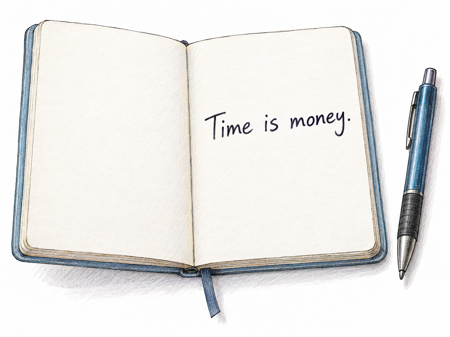 Show an actual written metaphor as a short language specimen in a notebook: “Time is money.” The sentence directly describes one thing as another without a literal transformation, explanatory caption, or speech bubble.
