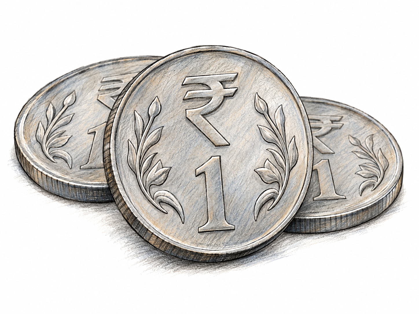 A close view of Indian rupee coins, with a single upright-facing one-rupee coin prominently displaying ₹ above 1 and two partially overlapping coins behind it.
