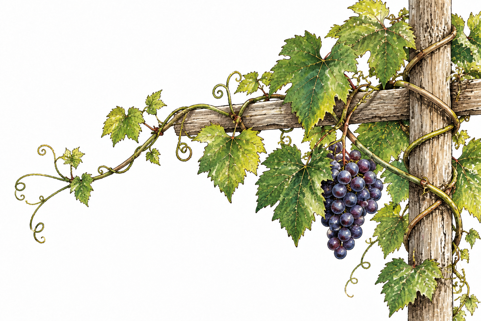 Long climbing grapevine tendrils curl around wooden support, natural leaf and stem detail.