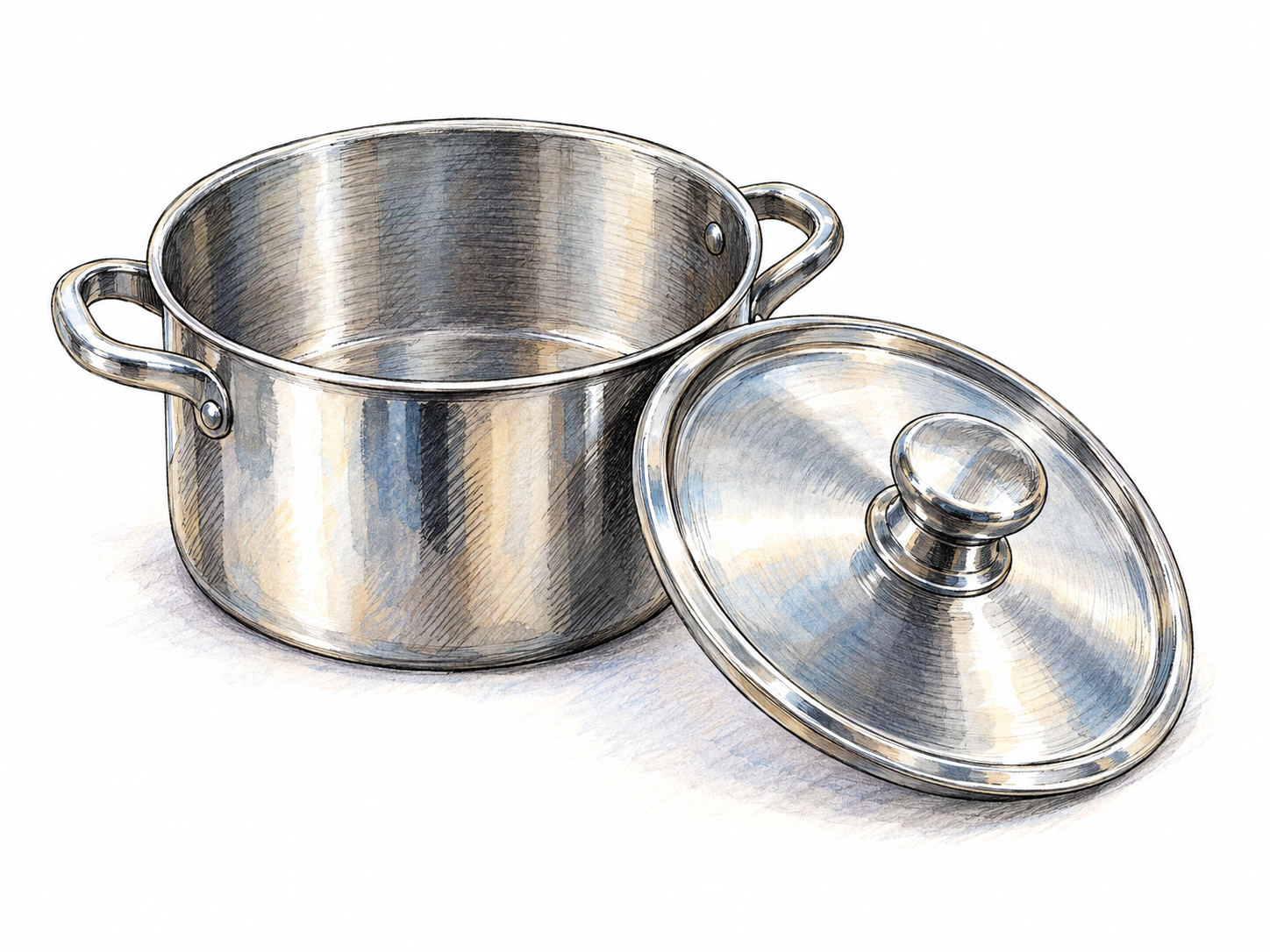 A small round cooking pot with its matching removable lid resting beside it, clearly revealing the open container and the lid’s fitted rim.