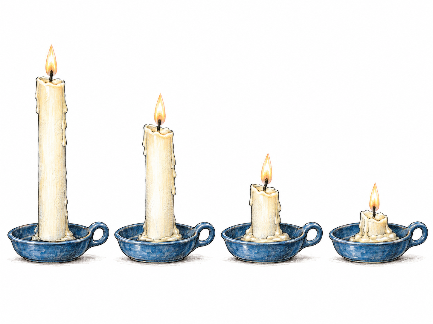 A text-free four-stage sequence shows the same burning candle gradually dwindling from tall to a tiny stub, with progressively more melted wax around its base.