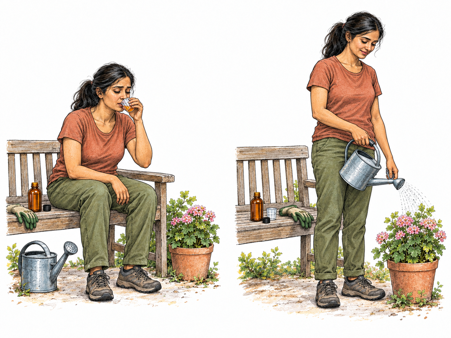 A compact two-moment illustration of a fatigued adult taking a small medicinal tonic, followed by an ordinary, refreshed return to activity.