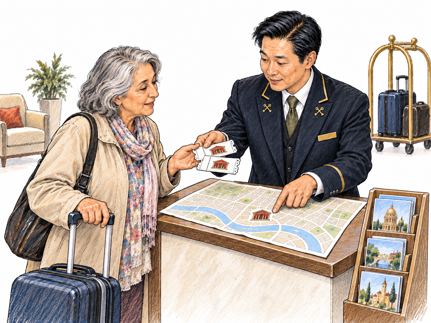 A hotel concierge at a small lobby assistance stand points out a destination on an unfolded city map while handing a guest two theater tickets.