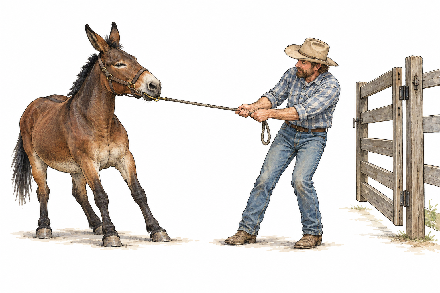 Stubborn mule plants hooves and refuses handler's gentle lead toward open gate, resistance to control.
