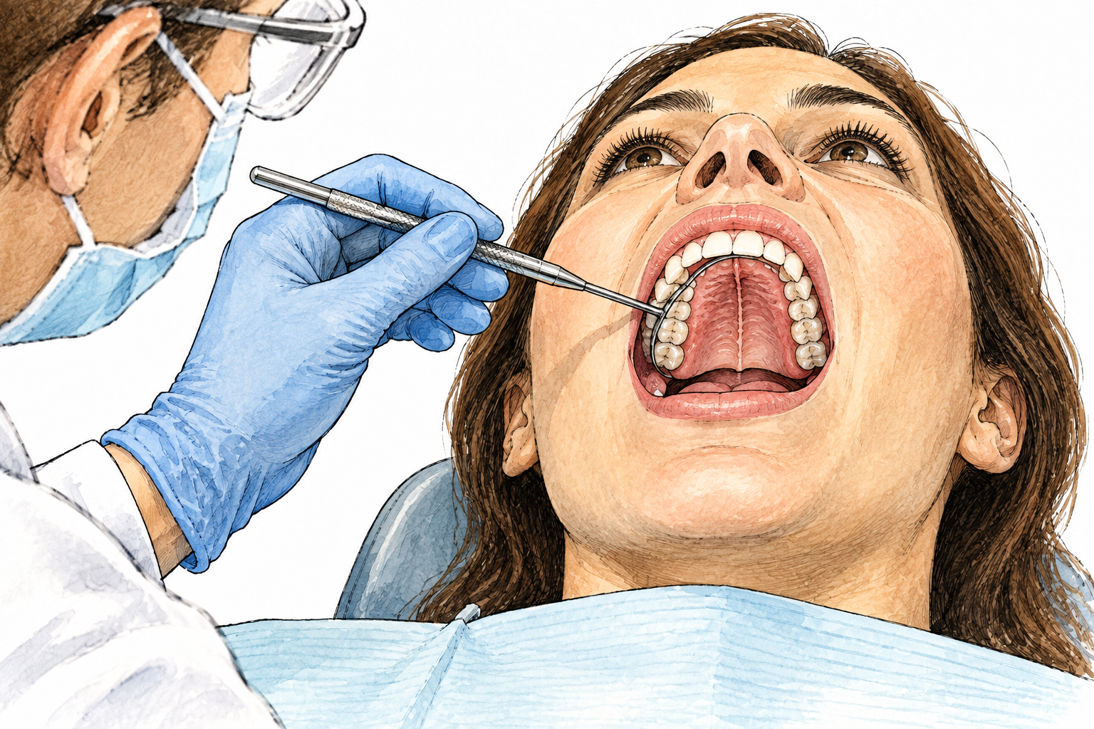 A dentist uses a mirror to show the arched roof of an adult patient's open mouth, clinically accurate palate focal, editorial ink not textbook, no labels.