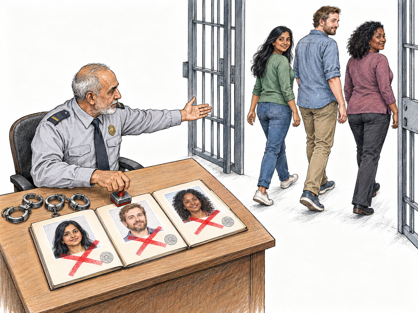 Amnesty as an official act setting aside offenses for a whole group: an official cancels three matching offender dossiers together while their subjects leave an open detention gate with their restraints removed.