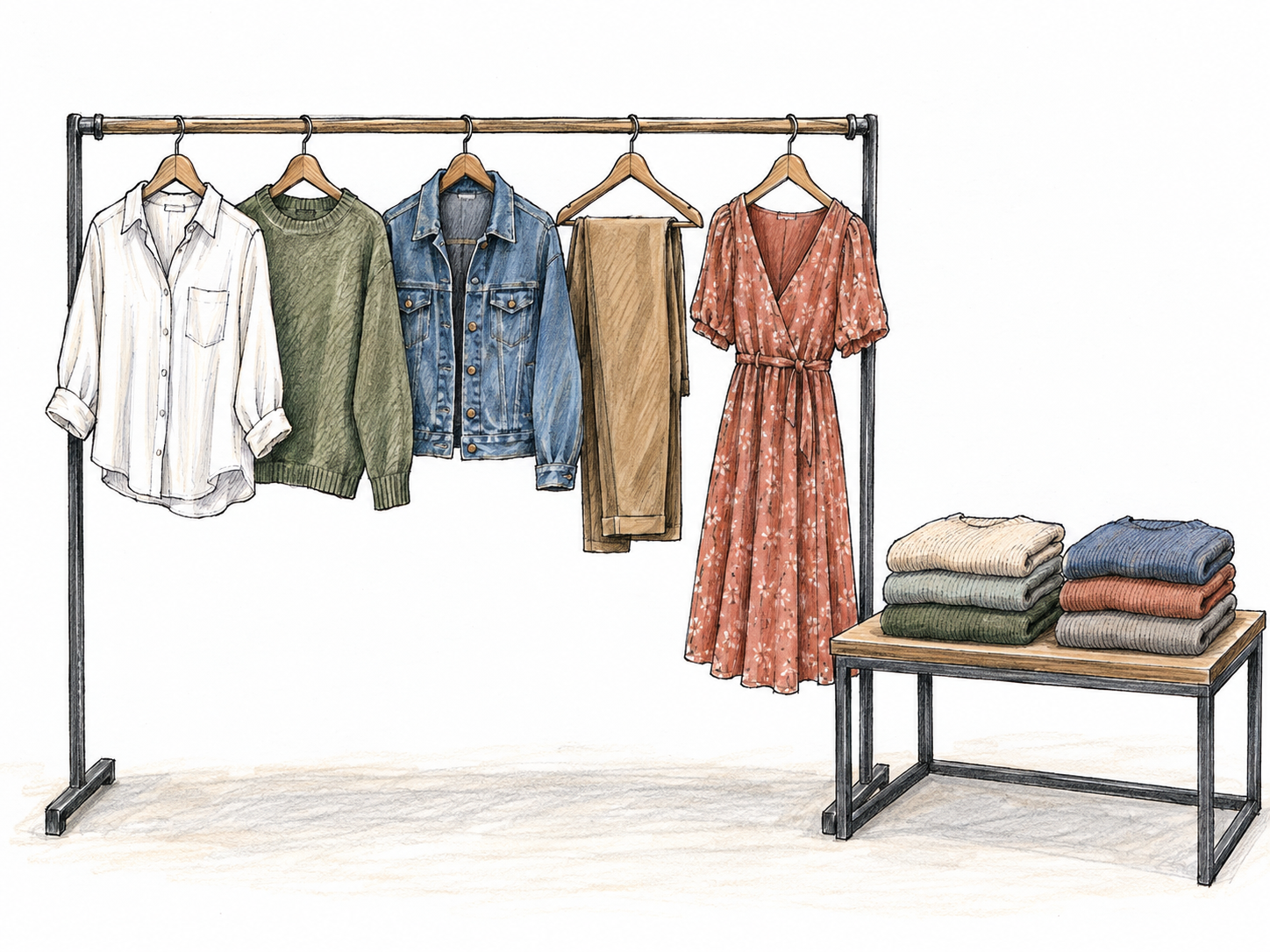 A compact retail clothing display: shirts, a jacket, trousers, and a dress arranged on a garment rack beside neatly folded sweaters, making clothing as a category of goods immediately recognizable.