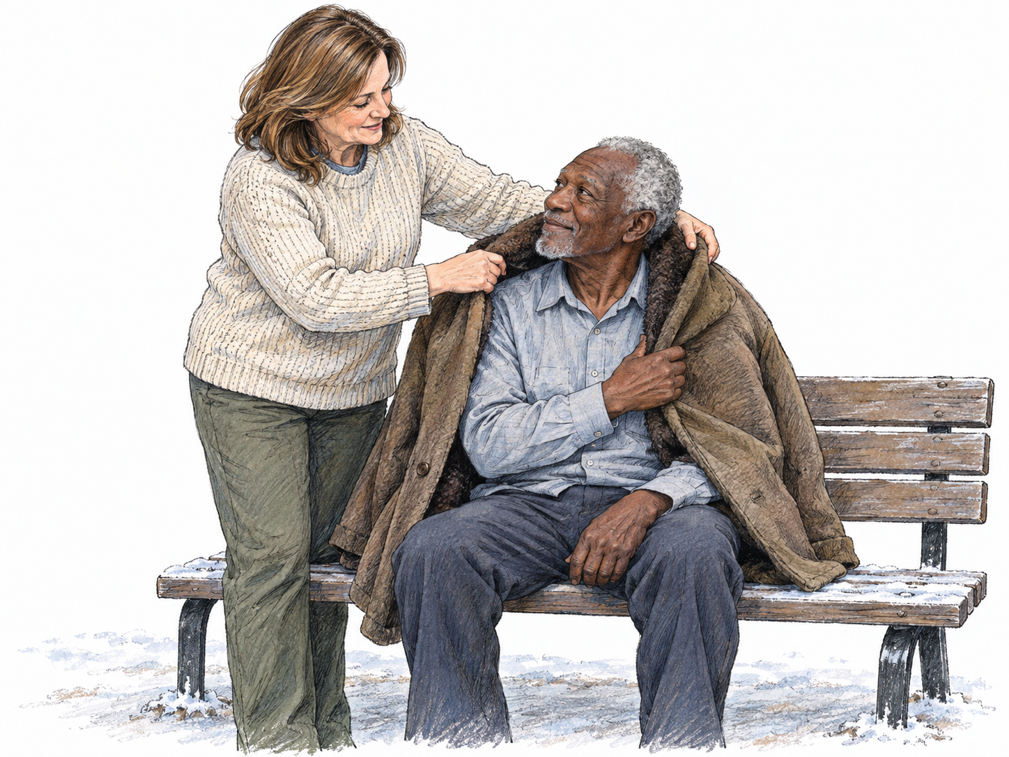 A woman generously offers a warm coat to an older man sitting on a cold outdoor bench, gently settling it around his shoulders.