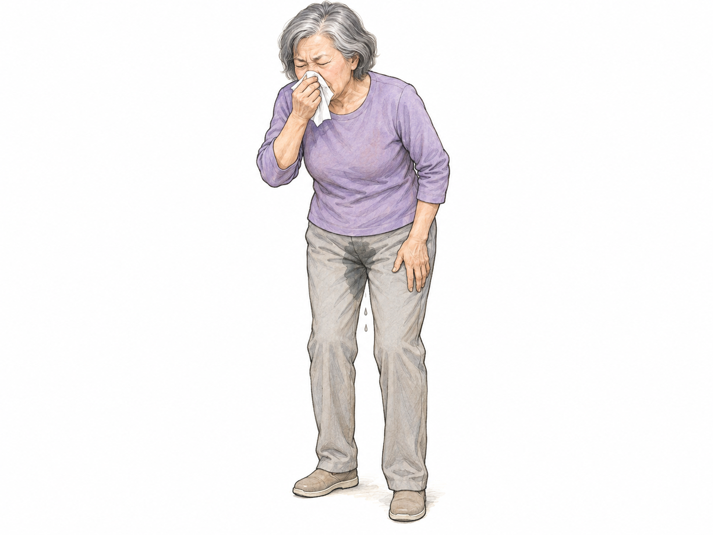 A fully clothed older woman sneezes into a tissue as a small urinary leak visibly wets her trousers, depicting stress urinary incontinence without nudity or ridicule.