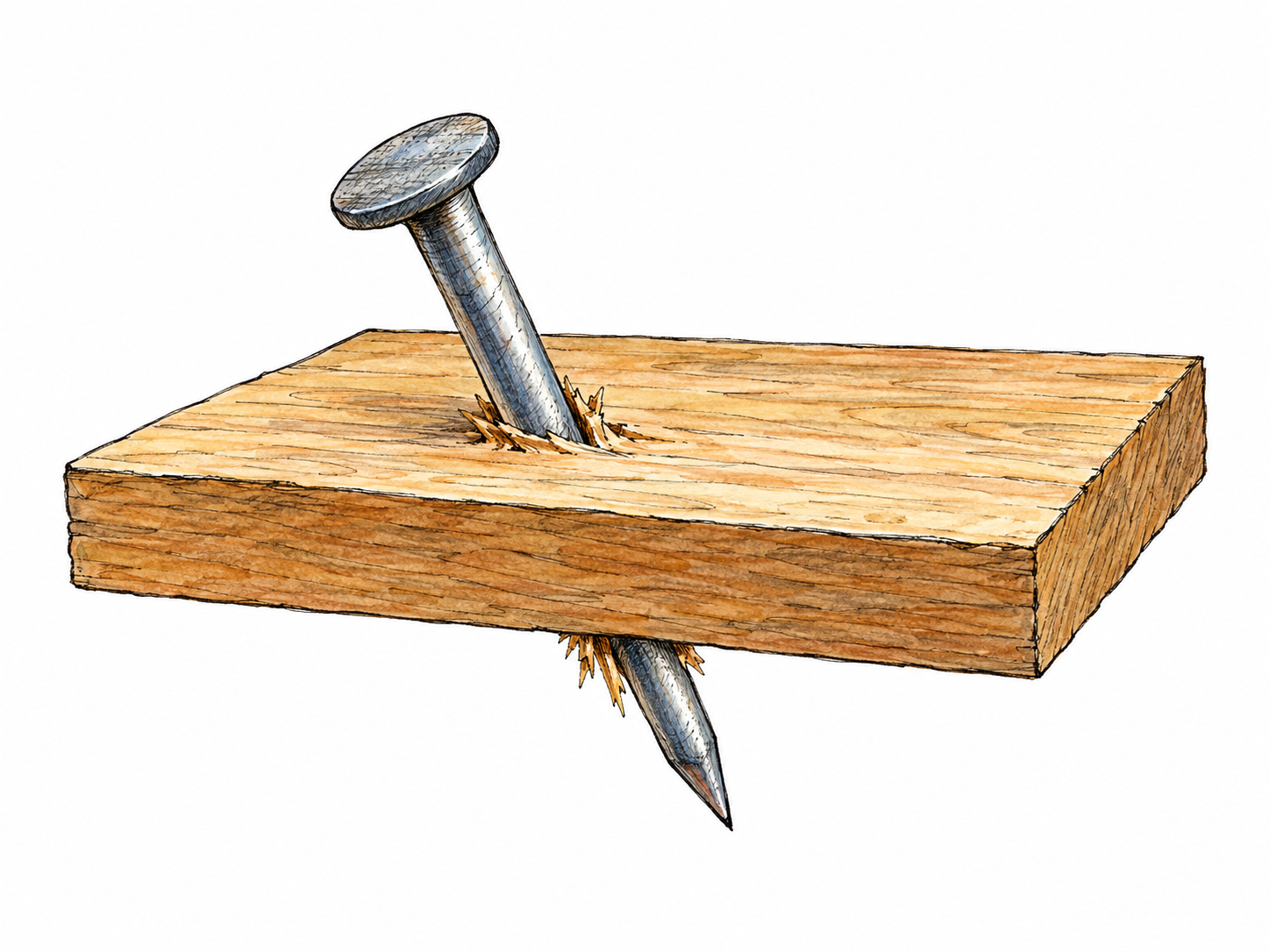 A steel nail driven through a thin wooden board, with its head above the wood and its sharp tip visibly emerging beneath it.