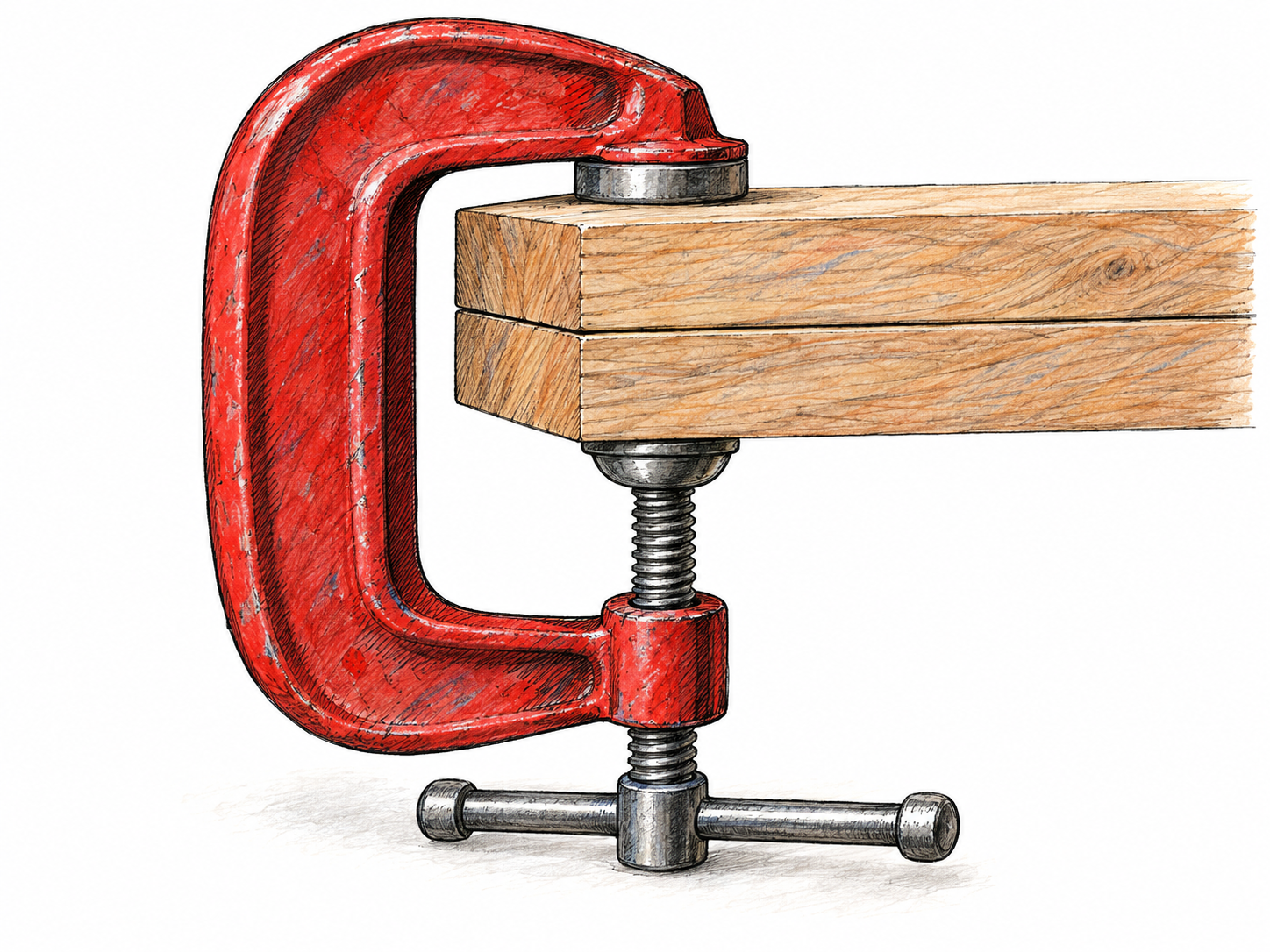 A clearly recognizable metal C-clamp tightly compresses two stacked wooden boards, with its fixed jaw above and screw pad below the boards.