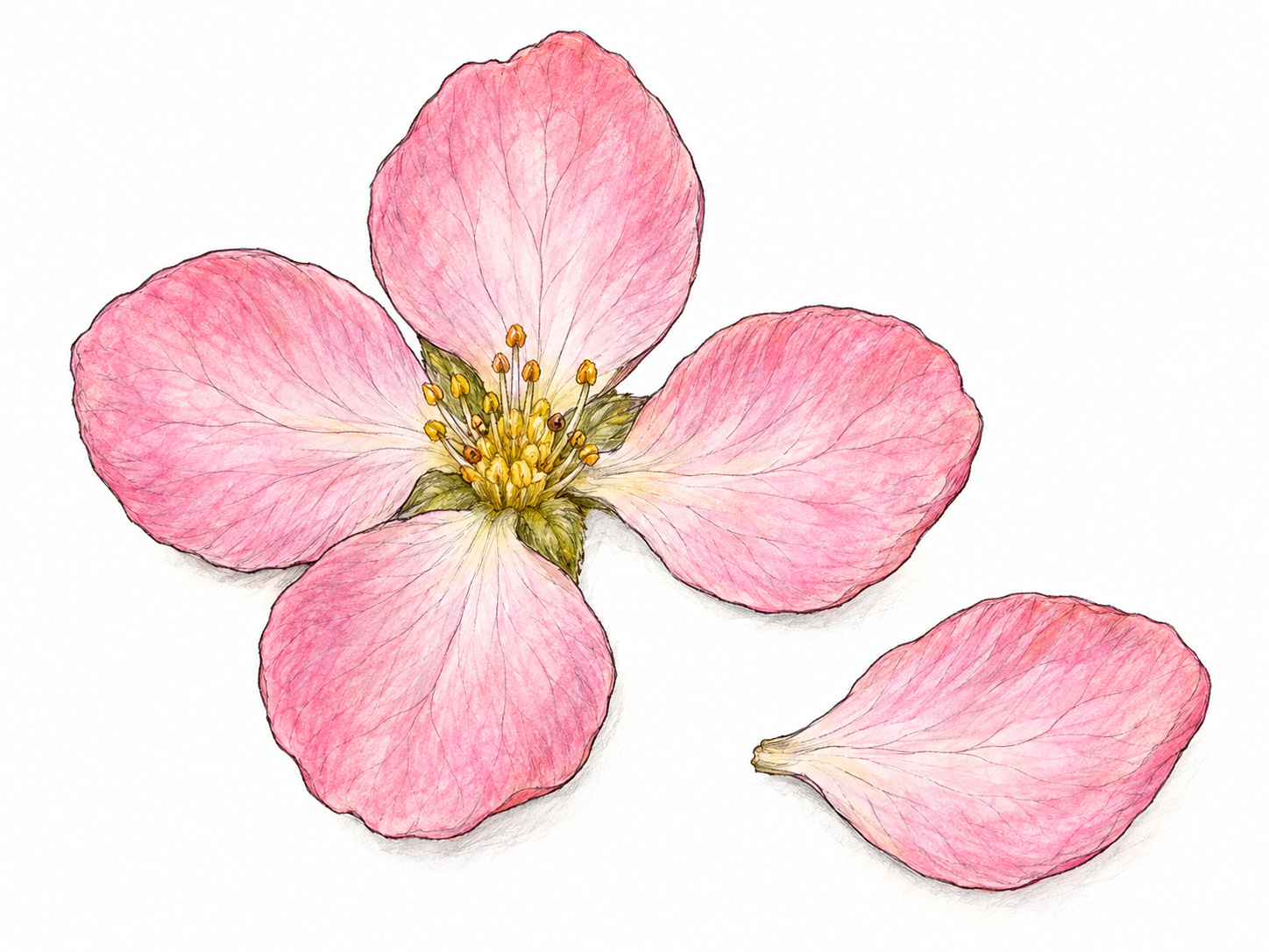 A simple pink flower with one petal detached beside it; the matching shape and single gap in the flower make the individual colorful part clear.