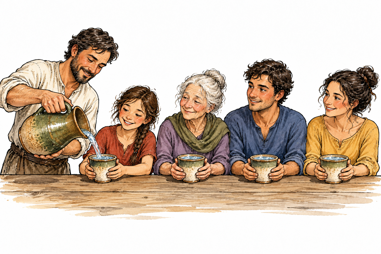 One modest pitcher fills exactly four waiting cups for four people, enough water for need.