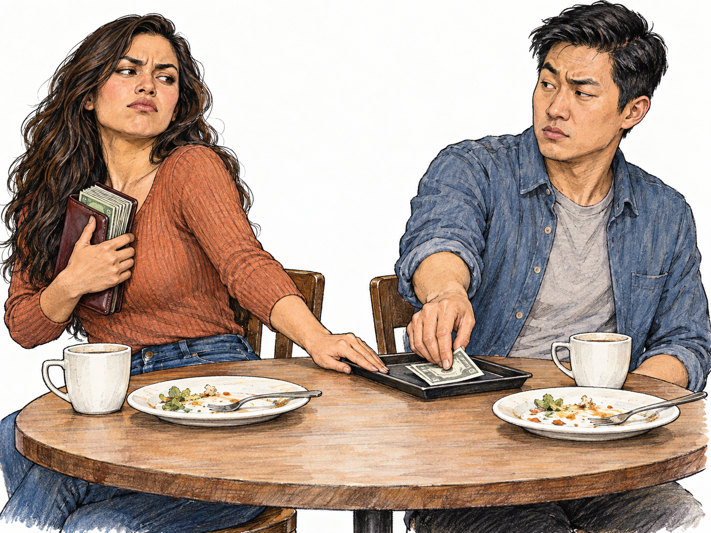 After a shared café meal, a woman clutches a visibly well-stocked wallet to her chest while pushing the payment tray toward her companion, who reluctantly supplies the money.