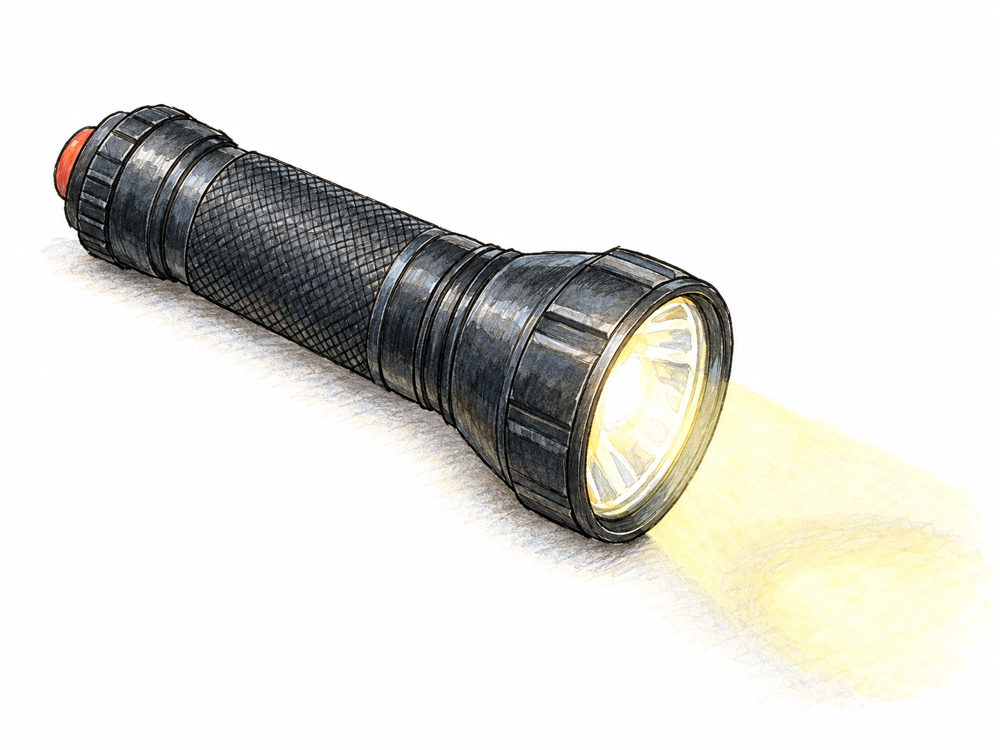A single handheld electric torch, shown in three-quarter view with its illuminated lens projecting a short beam onto a nearby surface.