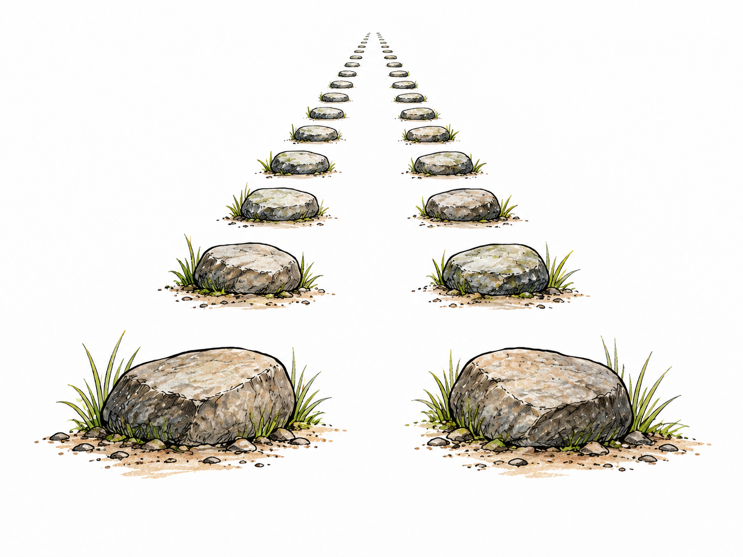 Two parallel rows of evenly spaced stepping stones recede repeatedly through open white space toward an unreachable vanishing point; implied continuation beyond view.