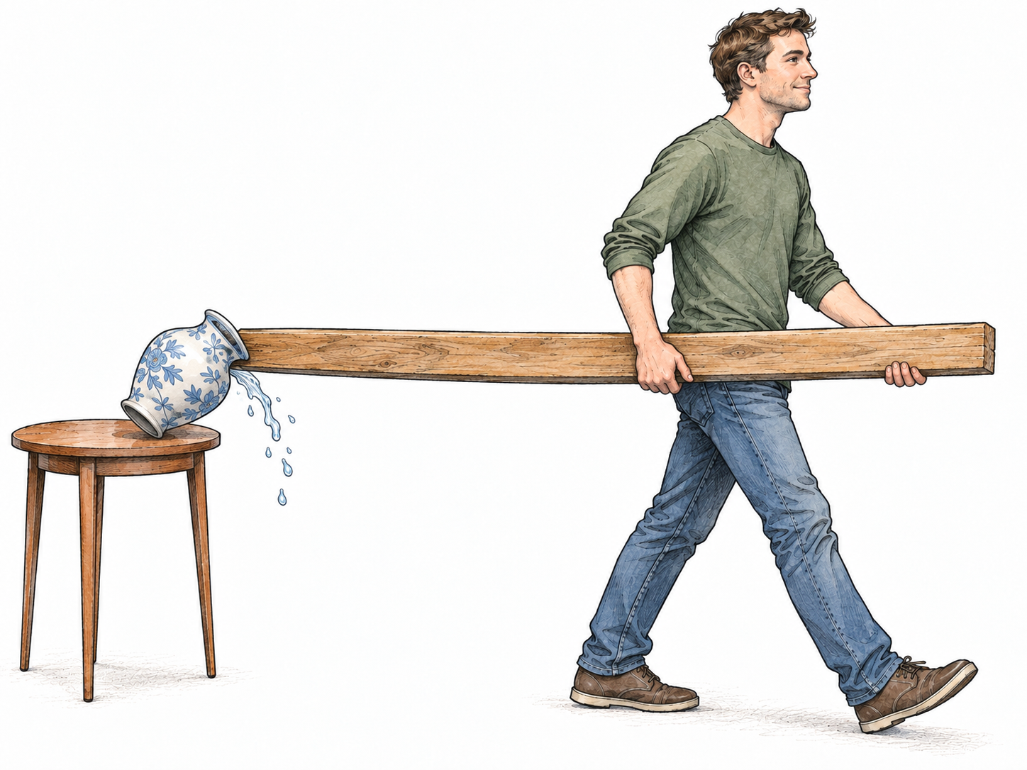 A man walks forward carrying a long wooden board, unaware that its trailing end is tipping a vase off a small table behind his back.