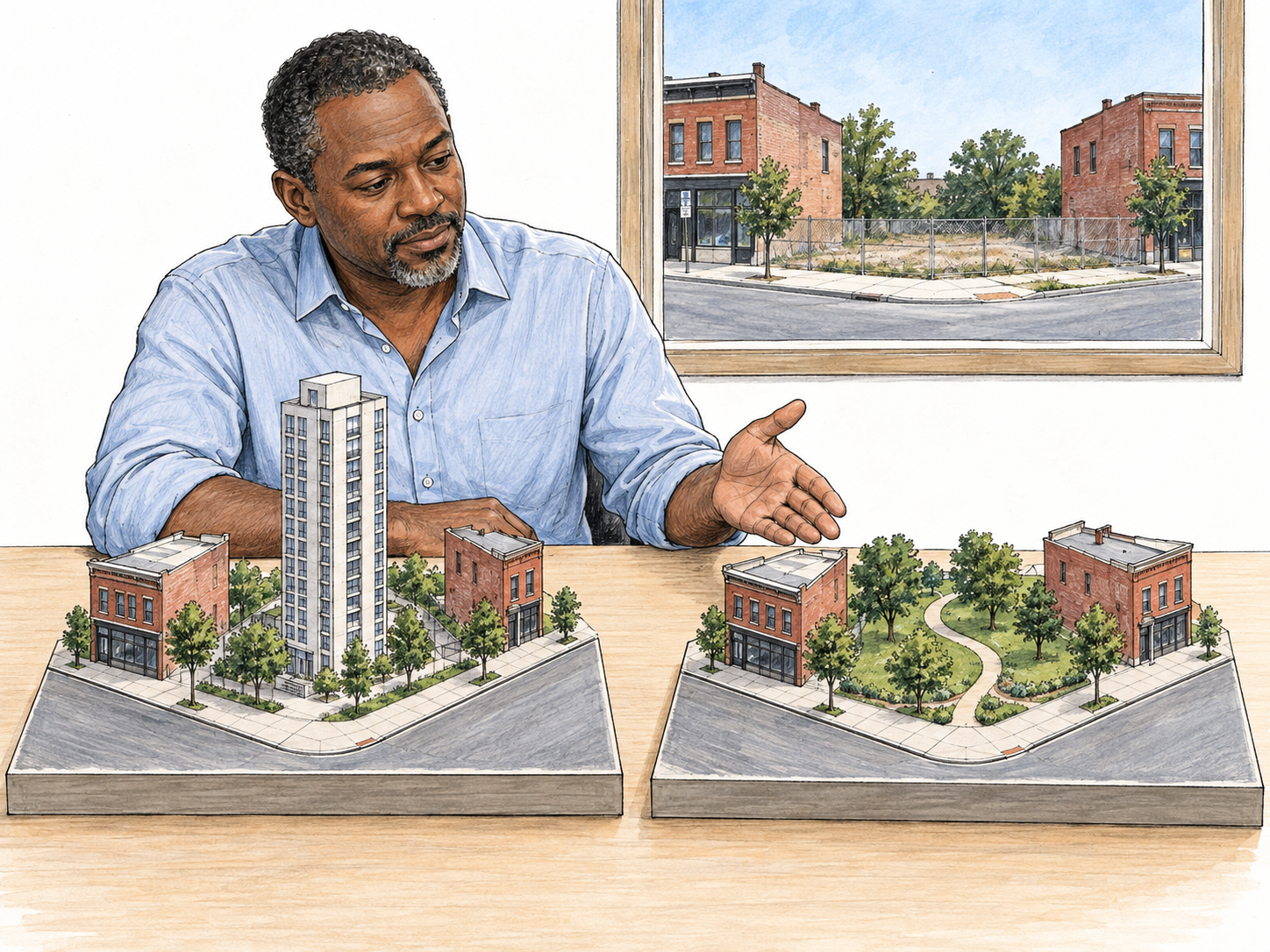 Two mutually exclusive imagined uses of the same currently empty lot: a planner compares a tower scheme and a park scheme in matching physical models while the real, undeveloped lot remains visible through a window.