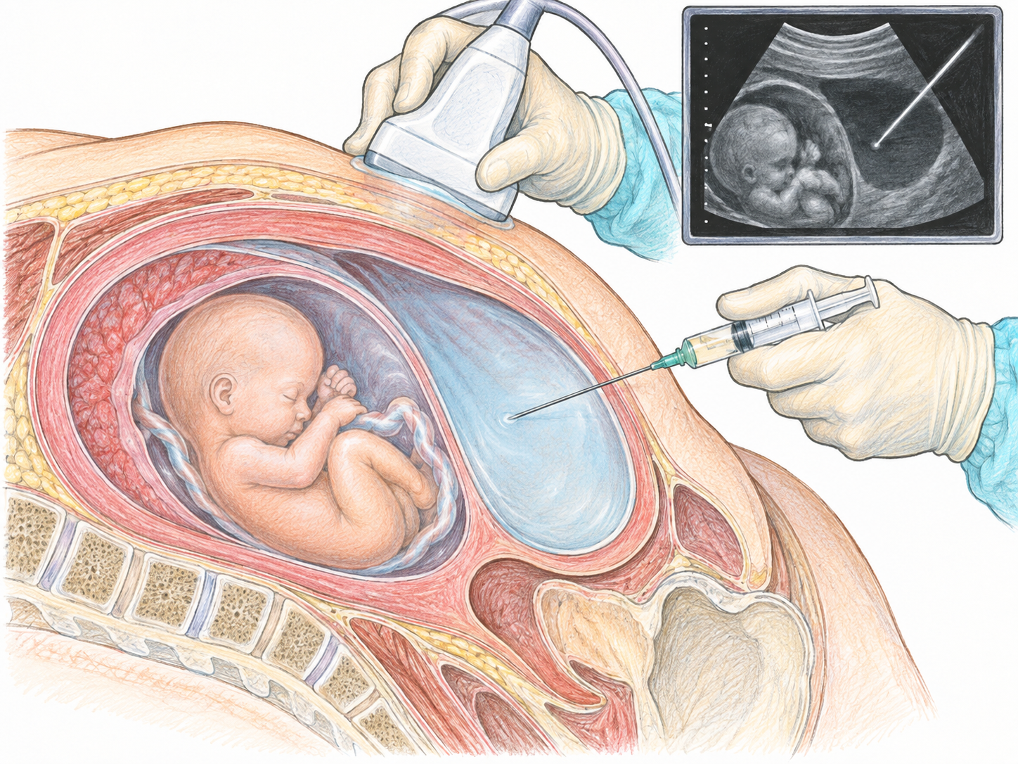 A clinician samples the amniotic fluid around a fetus under ultrasound guidance.