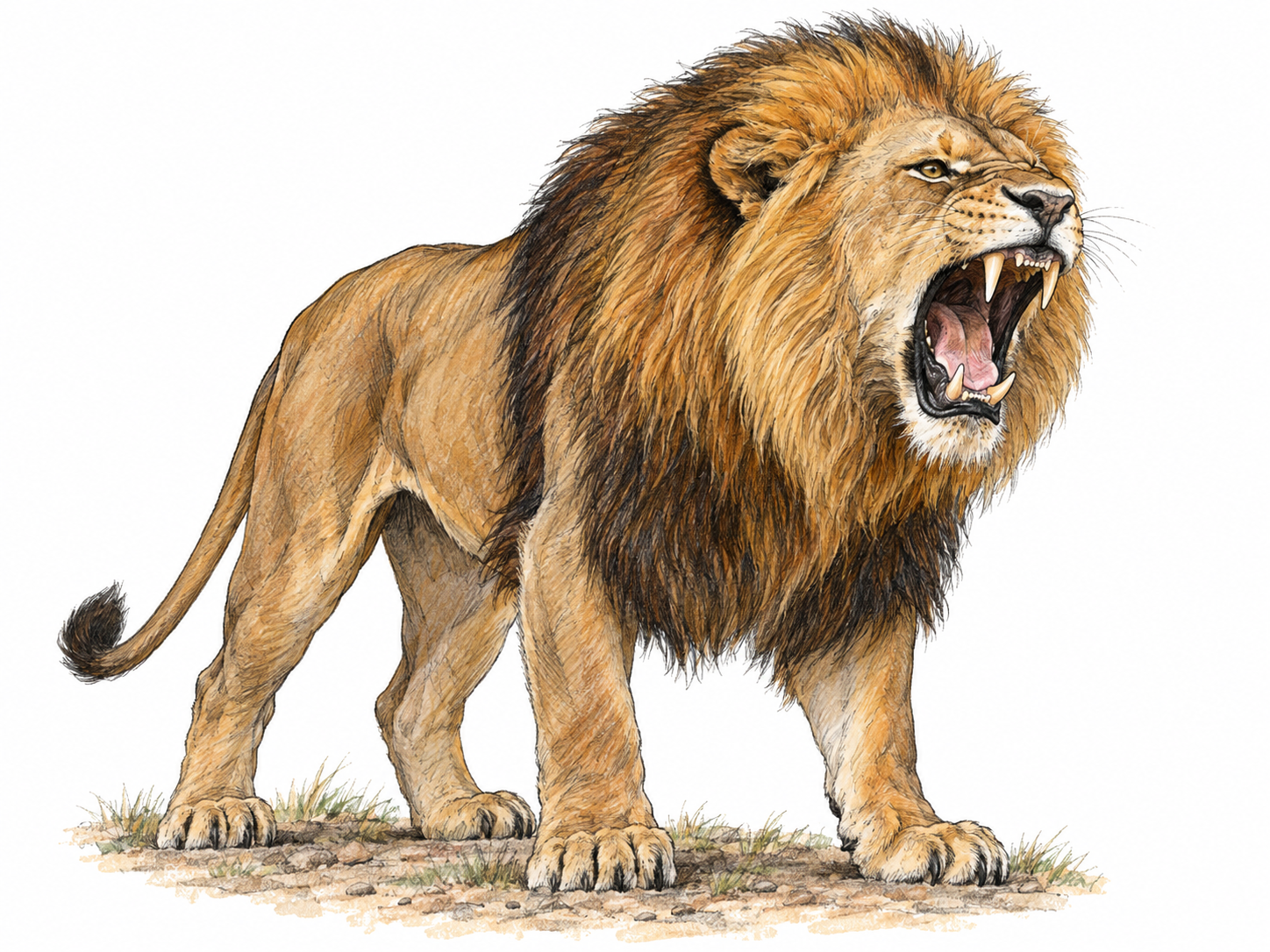 An adult male lion actively roaring, with its head thrust forward, mouth wide open, throat extended and forelegs firmly braced.